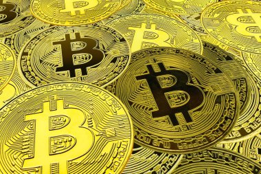 Bitcoin 'lerin zenginliğinin sembolü olarak altın bitcoin' lerin arka planındaki diğer bitcoin 'lerin yanında yuvarlak bitcoin' ler