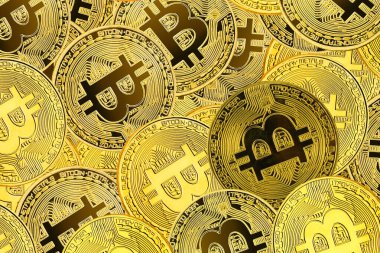 Bitcoin 'lerin zenginliğinin sembolü olarak altın bitcoin' lerin arka planındaki diğer bitcoin 'lerin yanında yuvarlak bitcoin' ler