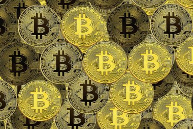 Bitcoin 'lerin zenginliğinin sembolü olarak altın bitcoin' lerin arka planındaki diğer bitcoin 'lerin yanında yuvarlak bitcoin' ler