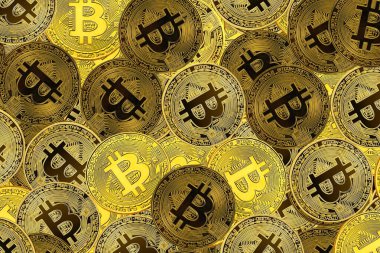 Bitcoin 'lerin zenginliğinin sembolü olarak altın bitcoin' lerin arka planındaki diğer bitcoin 'lerin yanında yuvarlak bitcoin' ler
