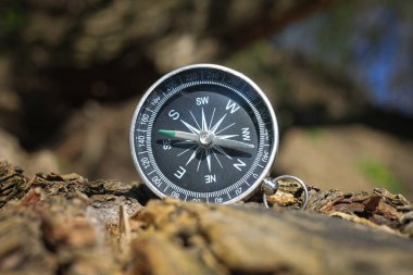 Pusula ile turizmin sembolü olarak doğal arka planda klasik navigasyon pusulası, pusula ile seyahat ve pusula ile açık hava aktiviteleri