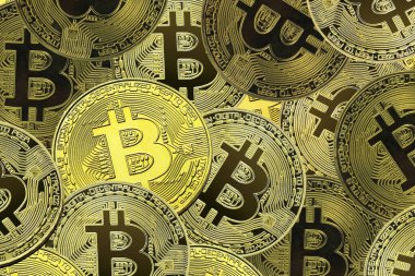 Bitcoin 'lerin zenginliğinin sembolü olarak altın bitcoin' lerin arka planındaki diğer bitcoin 'lerin yanında yuvarlak bitcoin' ler