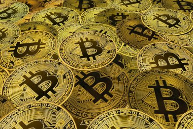 Bitcoin 'lerin zenginliğinin sembolü olarak altın bitcoin' lerin arka planındaki diğer bitcoin 'lerin yanında yuvarlak bitcoin' ler