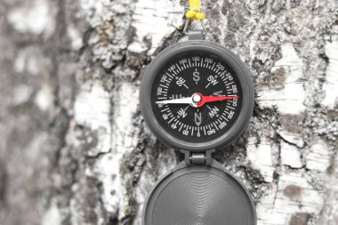 Pusula ile turizmin sembolü olarak doğal arka planda klasik navigasyon pusulası, pusula ile seyahat ve pusula ile açık hava aktiviteleri