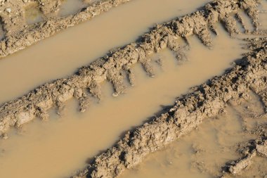 Çamurda izler olan kahverengi çamur birikintisinin ayrıntıları