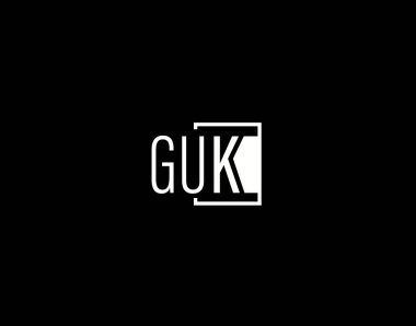 GUK Logosu ve Grafik Tasarımı, Modern ve Gösterişli Vektör Sanatı ve Simgeleri siyah arkaplanda izole edildi