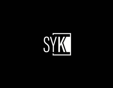 SYK Logosu ve Grafik Tasarımı, Modern ve Gösterişli Vektör Sanatı ve Simgeleri siyah arkaplanda izole edildi