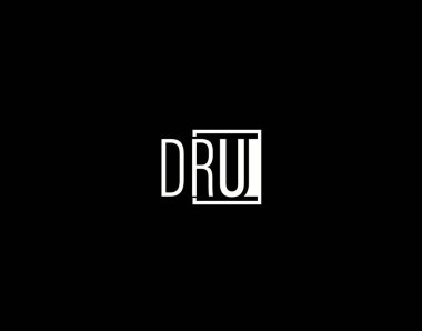 DRU Logosu ve Grafik Tasarımı, Modern ve Gösterişli Vektör Sanatı ve Simgeleri siyah arkaplanda izole edildi