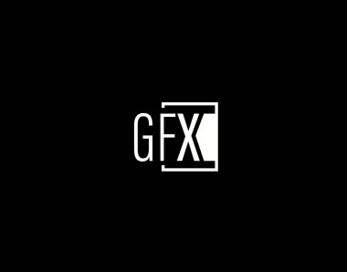 GFX Logosu ve Grafik Tasarımı, Modern ve Gösterişli Vektör Sanatı ve Simgeleri siyah arkaplanda izole edildi