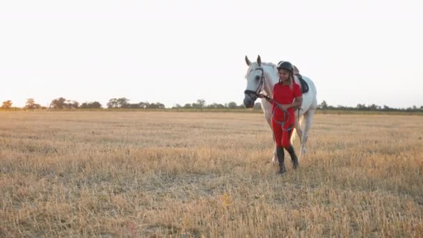 Kırmızı Üniformalı Bir Kadın Samanlıkta Beyaz Bir Atla Yürüyor Geniş — Stok video