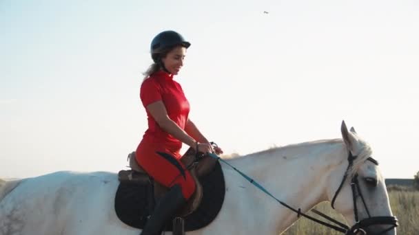 Una Mujer Con Uniforme Rojo Camina Sobre Caballo Blanco Campo — Vídeo de stock