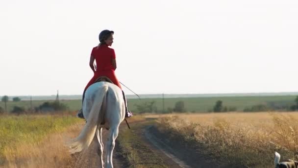 Žena Červené Uniformě Kráčí Bílém Koni Poli Sena Široký Záběr — Stock video