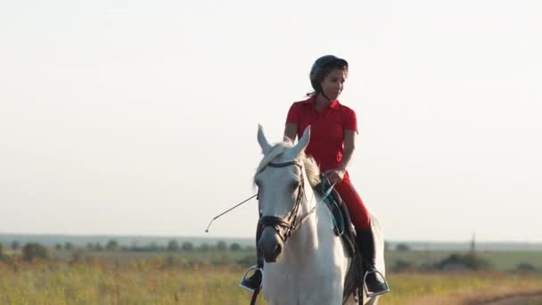 Een Vrouw Een Rood Uniform Loopt Een Wit Paard Een — Stockvideo