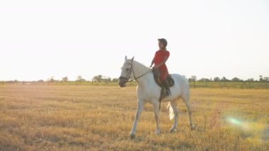 Kırmızı üniformalı bir kadın saman tarlasında beyaz bir atın üzerinde yürüyor. Yan görüş. Genel plan