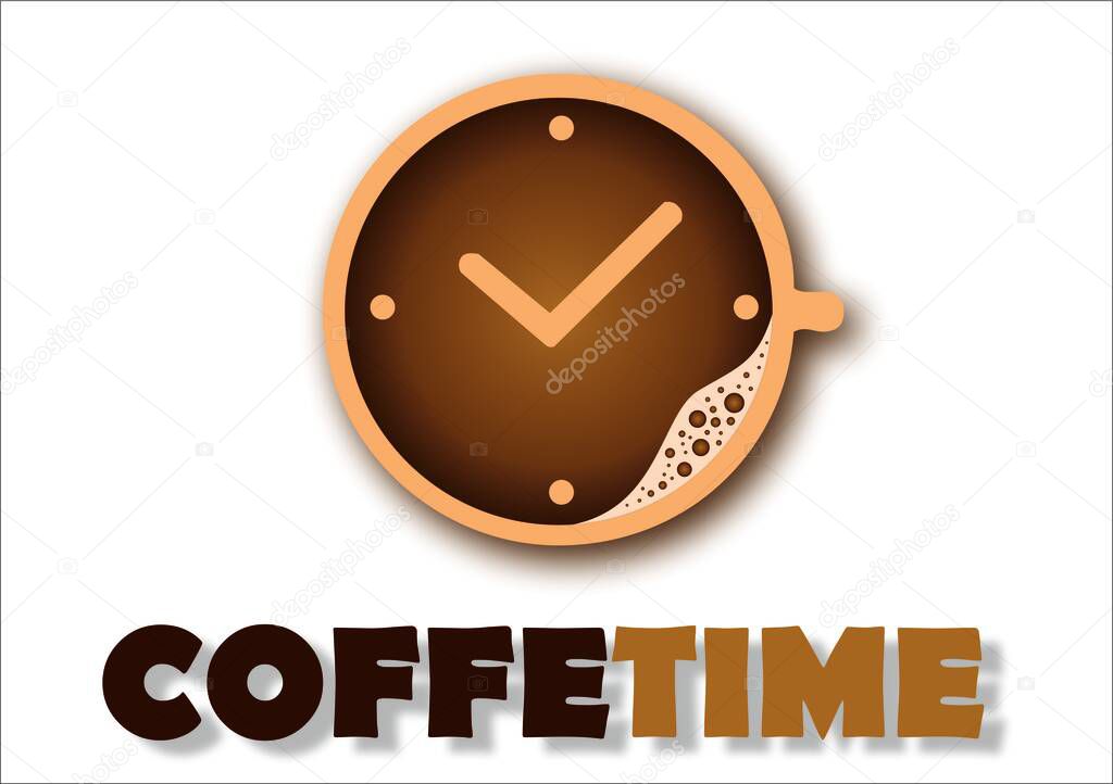 Coffee clock with coffee cup on the wooden background.