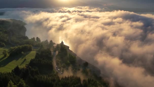 Aerial View Misty Sunrise Liptovska Mara Reservoir Slovakia Drone Flight — Stock Video