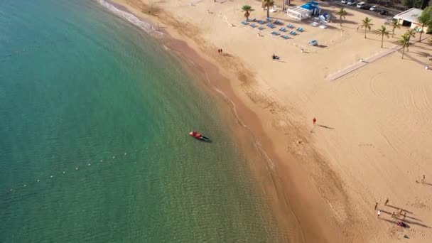 Aerial Canary Resort White Sandy Beach Playa Las Teresitas Tenerife — Vídeos de Stock