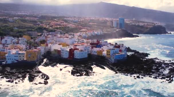 Aerial Panorama Puerto Cruz Resorts Pools Surrounded Sea Waves Tenerife — Stock Video