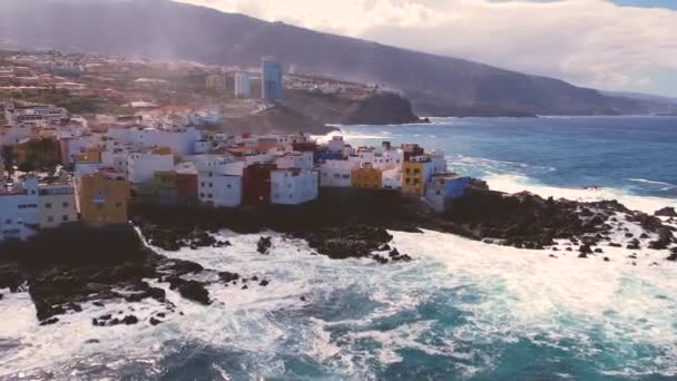 Aerial Panorama Puerto Cruz Atlantic Ocean Coast Beach Tenerife Canary — Vídeos de Stock