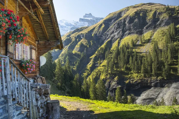 Παραδοσιακό Ελβετικό Σπίτι Στην Κοιλάδα Του Βουνού Kiental Τουριστική Και — Φωτογραφία Αρχείου