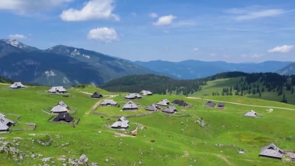 斯洛文尼亚Velika Planina高山村的空中景观 高山上有历史建筑的阿尔卑斯山自然景观 — 图库视频影像