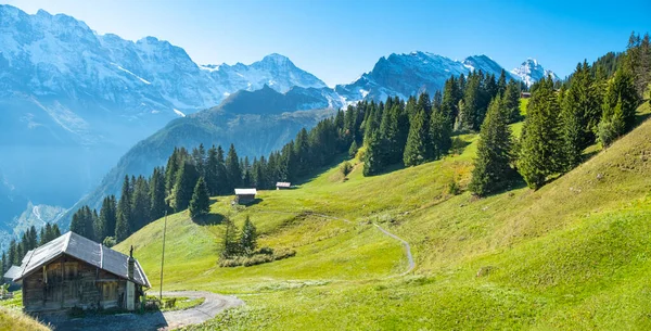 Incrível Aldeia Alpina Turística Vale Lauterbrunnen Suíça Atração — Fotografia de Stock