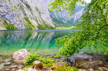 Yeşil turkuaz açık alp gölü Obersee Koenigssee Almanya 'nın Bavyera şehrinde dağlarla çevrili.