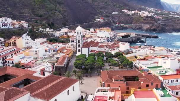 Aerial Morning View Garachico City Center Colored Houses Old Town — 图库视频影像