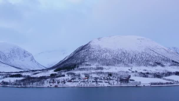 挪威海岸线上的雪盖着山脉 环城特罗姆瑟 北部积雪的全景空中景观覆盖了高山 房屋和海洋 特罗姆斯县 Fjordgard — 图库视频影像