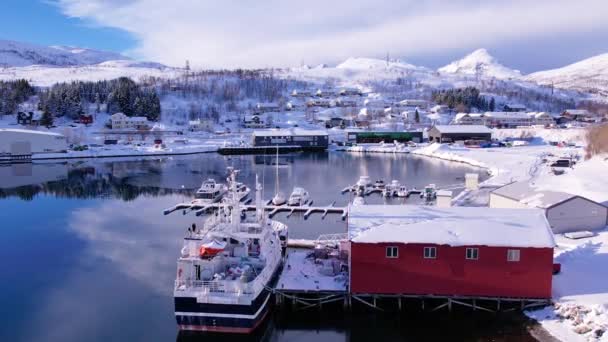 Widok Lotu Ptaka Łódź Rybacką Porcie Północnej Norwegii Tromso Słoneczny — Wideo stockowe