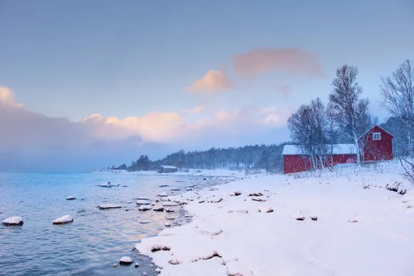 Zimowy Krajobraz Norwegii Rorbu Plaży Oceanu Śniegu — Zdjęcie stockowe