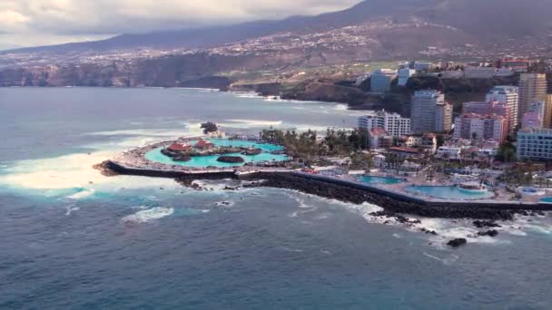 Aerial Panorama Puerto Cruz Atlantic Ocean Coast Beach Tenerife Canary — Video