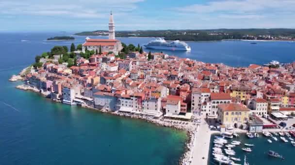 Denní Letecké Drone Panorama Starého Města Rovinj Slavné Starobylé Chorvatské — Stock video