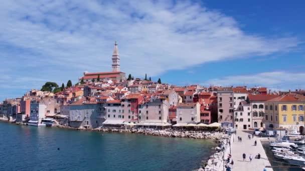 夏日的空中无人驾驶飞机全景 老城罗维尼 著名的克罗地亚古城在海上 克罗地亚伊斯特拉 — 图库视频影像