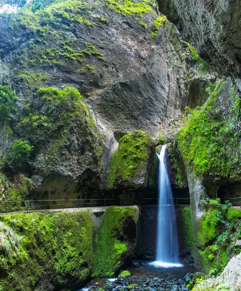 stock image Levada Nova and Levada do Moinho in Madeira. Beautiful hiking path next to the levadas with waterfalls and tunnels