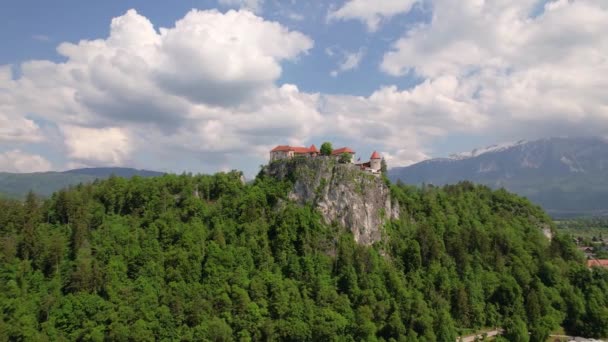 Повітряний Замок Блед Побудований Вершині Скелі Оточений Пишними Деревами Замок — стокове відео