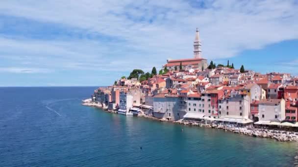 夏日的空中无人驾驶飞机全景 老城罗维尼 著名的克罗地亚古城在海上 克罗地亚伊斯特拉 — 图库视频影像