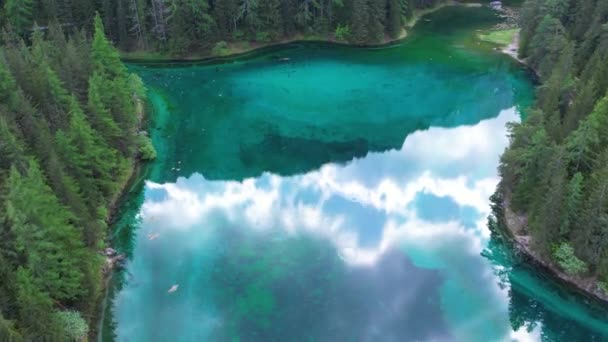 Aerial Gruner See Gyönyörű Zöld Alpesi Kristálytiszta Vízzel Tavasszal Gruner — Stock videók