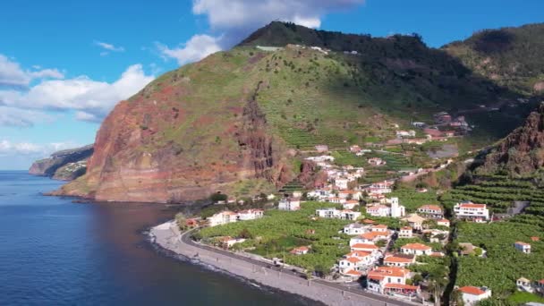 Letecký Pohled Venkovskou Krajinu Madeiry Banánové Plantáže Vesnice Oceán — Stock video