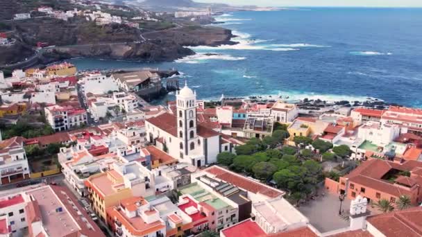 Aerial Morning View Garachico City Center Colored Houses Old Town — Stockvideo