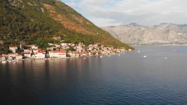 Staré Středověké Město Perast Resort Kotorské Zátoce Černé Hoře Letecký — Stock video