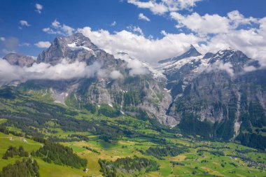 Grindelwald Alp Vadisi manzarası. Jungfrau, İsviçre. Bernese Alpleri 'nin altında. Dağ köyü.
