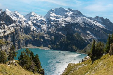 Güneşli yaz gününde Oeschinensee Gölü ve kar Bluemlisalp dağı. Gök mavisi Oeschinensee Gölü Panoraması, İsviçre Alpleri 'nde çam ormanı, Kandersteg. İsviçre.