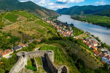 Tuna nehri ve üzüm bağlarıyla Spitz Vachau Avusturya 'daki Hinterhaus şatosundan görüntü