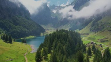 İsviçre Alplerindeki Seealpsee Gölü 'nün havası güneşli yaz günü