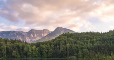Alatsee, Bavyera, Almanya 'daki Alatsee dağının batışı. Vahşi doğa ve çam ormanı. Hızlı bulut hareketi.