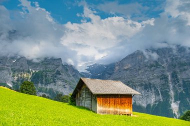 Grindelwald Alp Vadisi manzarası. Jungfrau, İsviçre. Bernese Alpleri 'nin altında. Dağ köyü.