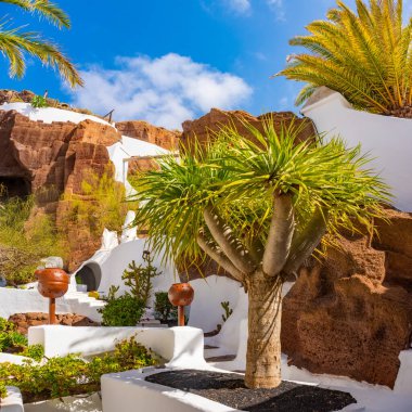 Nazaret, Lanzarote, Kanarya Adaları, İspanya - 23 Mart 2024: Lagomar Müzesi veya Casa Omar Şerif kaktüs bahçesi ve havuzlu, Cesar Manrique tarafından kaya mağaralarına inşa edilmiş