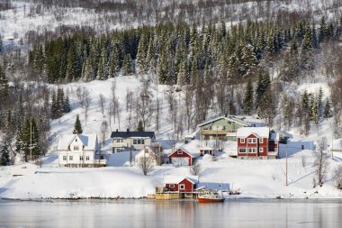 Kar, Noel zamanı Trom yakınlarında Norveç fiyortlarını kaplamıştı. Kuzey Norveç 'te Kuzey Kutup Dairesi üzerinde güneşli bir kış günü