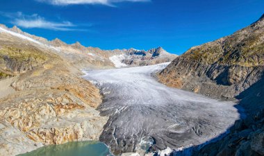 High mountain glacier Rhonegletscher and glacial lake on Furkapass in summer Switzerland clipart